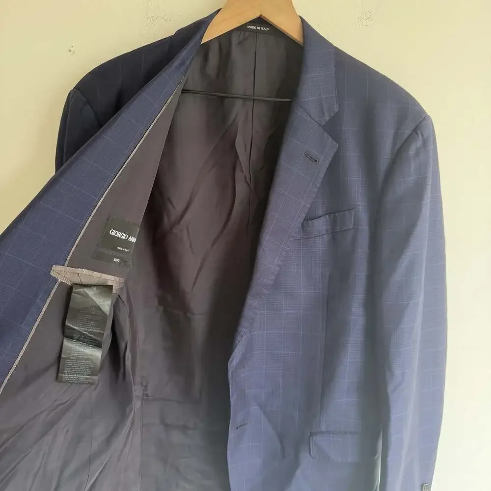 Giorgio Armani Soft Suit US 42 2PC Navy Windowpane Italy Designer Pants 36x30